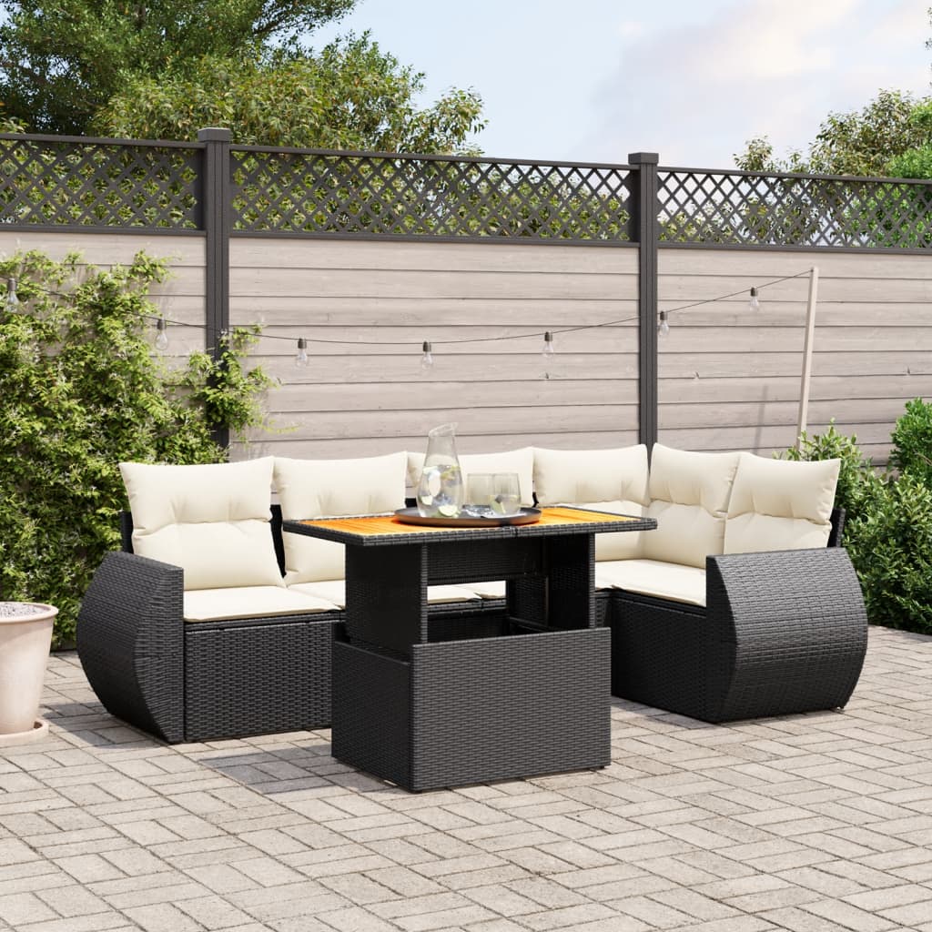 6-tlg. Garten-Sofagarnitur mit Kissen Schwarz Poly Rattan